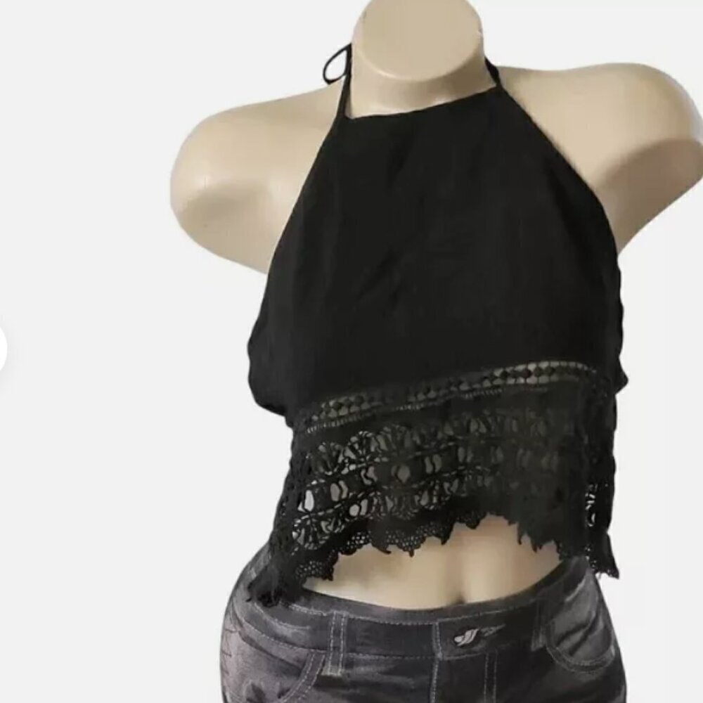 American Eagle  Black Crop Lace Trim Halter Crochet Top M
